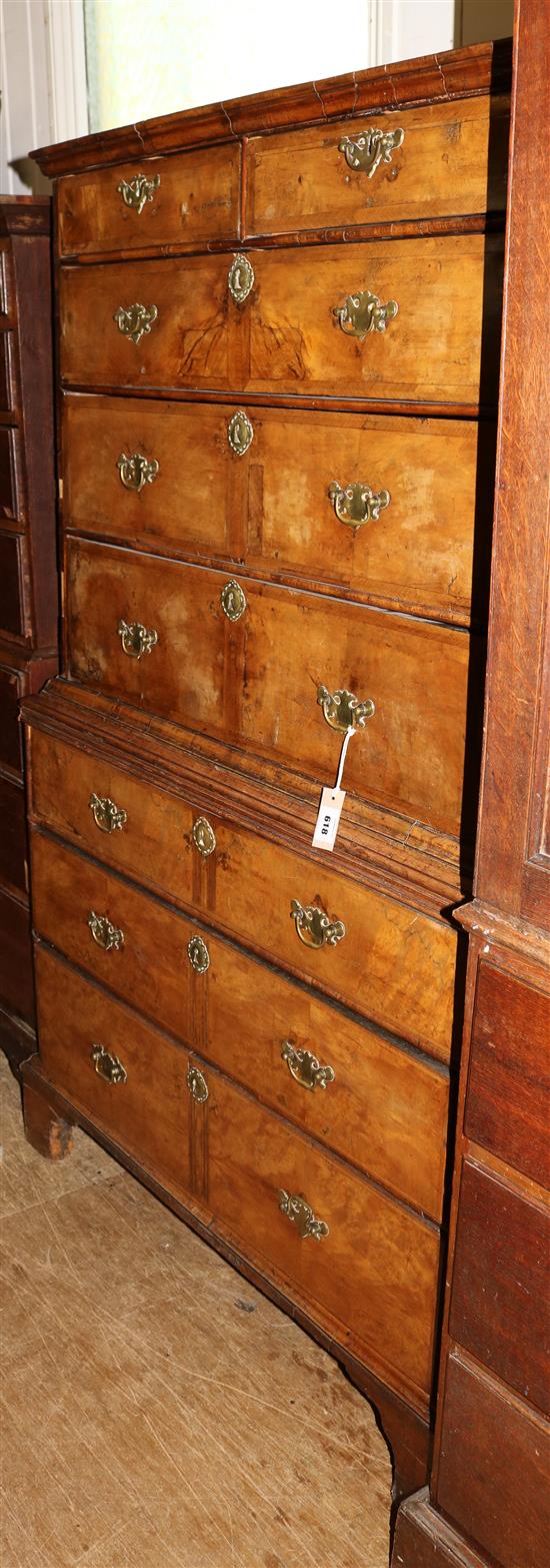 Early 18th century crossbanded walnut chest on chest(-)